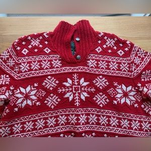 Ralph Lauren Fair Isle Pull Over Ski Lodge Sweater in Red with White Snowflakes